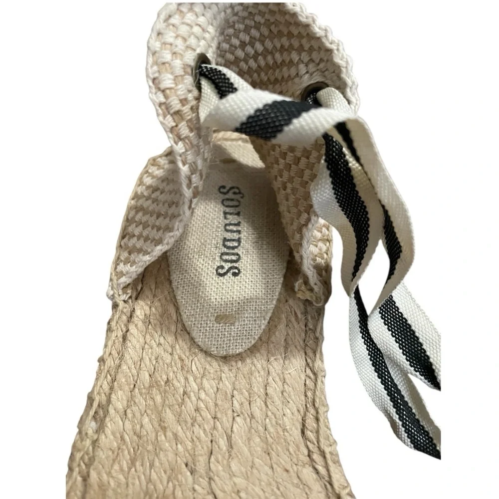 SOLUDOS Lauren Lace Up Espadrille Sandals Ankle Wrap Black Linen US 7.5 coastal